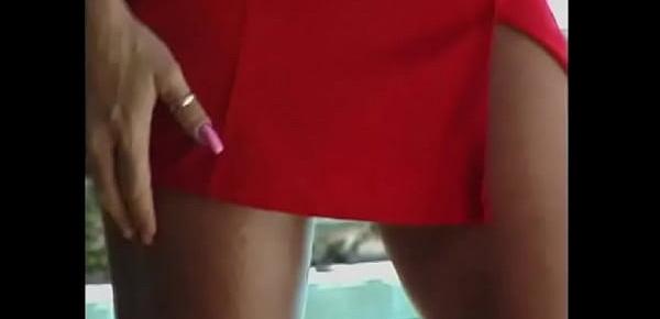  Brunette in hot red dress gets her pussy fucked poolside